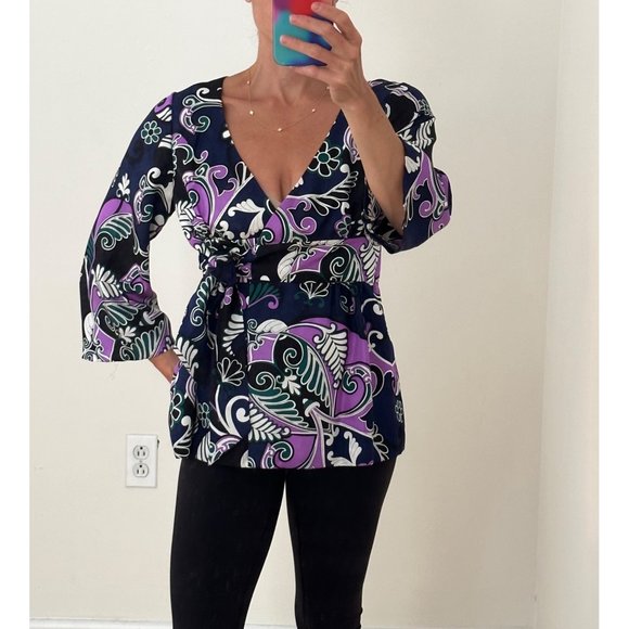 EUC Tibi Silk Paisley Navy & Purple Tie Front Tunic Top 3/4 Sleeve Sz Small - Picture 13 of 13